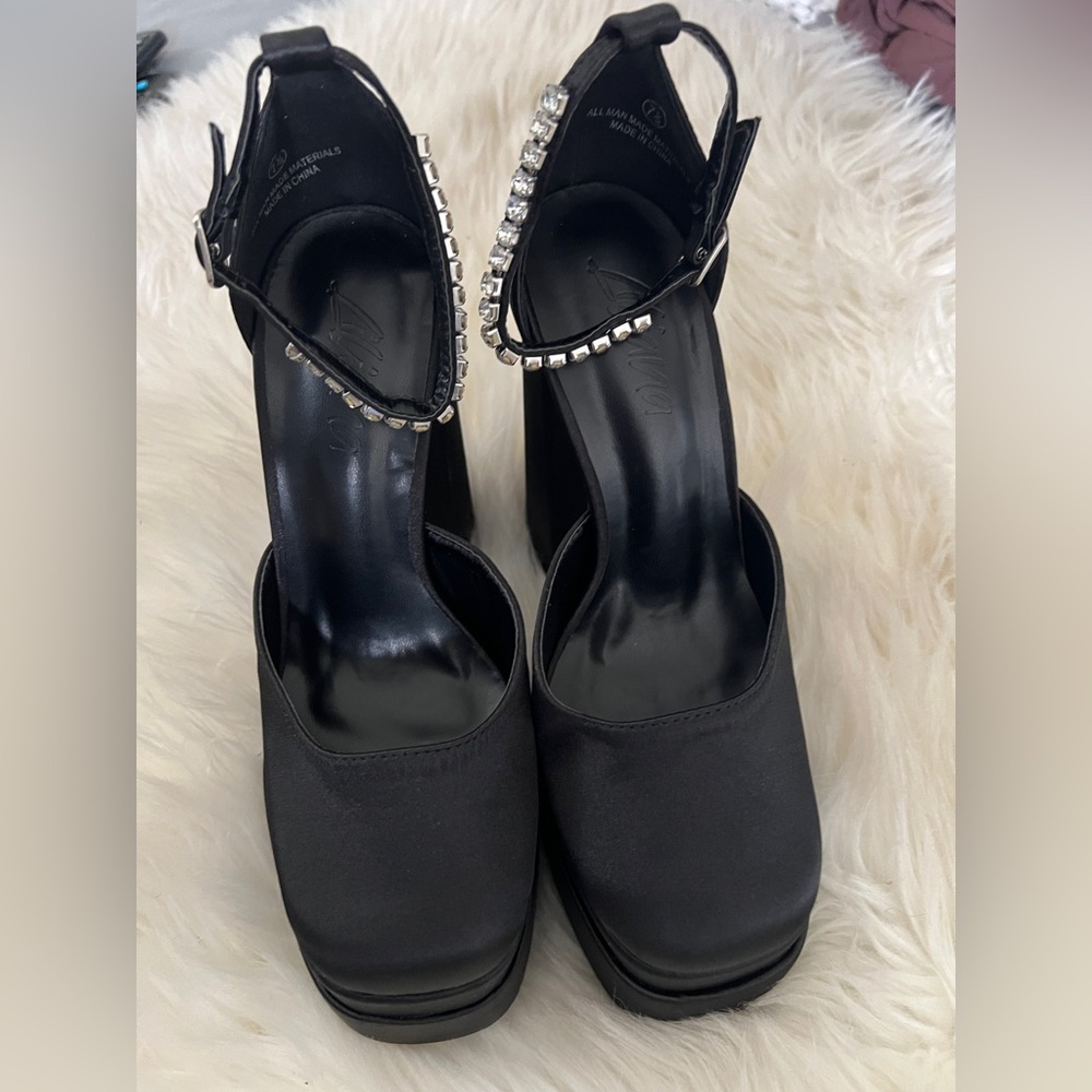 Black ankle strap embellishment double platform heels